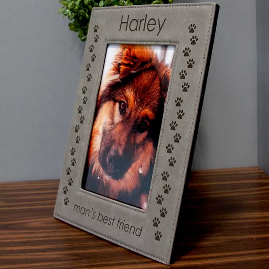 Gray Faux Leather Picture Frame With Dog Photo And Engraved With Paw Prints And Harley And Man’s Best Friend On A Shelf