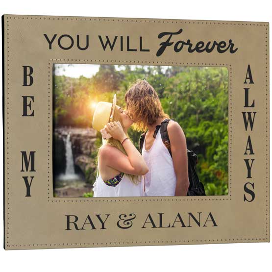 Custom Light Brown Faux Leather Picture Frame With Photo Of Couple Kissing And Laser Engraved With Romantic Quote