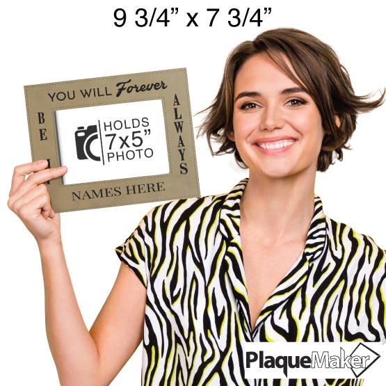 Size Guide With Happy Woman Holding Light Brown Faux Leather Picture Frame With Romantic Quote And Showing Customizable Areas