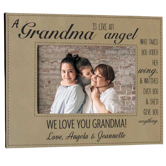 Custom Light Brown Faux Leather Picture Frame With Photo Of Grandma With Kids And Sweet Grandma Message