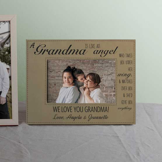 Custom Light Brown Faux Leather Picture Frame With Photo Of Grandma With Kids And Sweet Grandma Message On Gray Stand