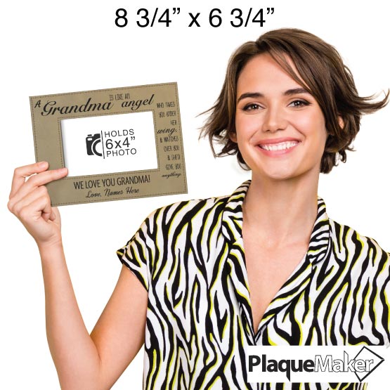 Size Guide With Happy Woman Holding Light Brown Faux Leather Picture Frame Laser Engraved With Sweet Grandma Message