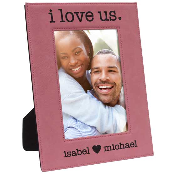 Custom Pink Faux Leather Picture Frame With Happy Couple Photo And Laser Engraved With Names And I Love Us Text 