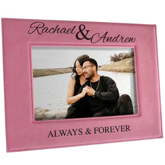 Custom Pink Faux Leather Picture Frame With Photo Of Couple At Lake And Engraved With Always And Forever Text