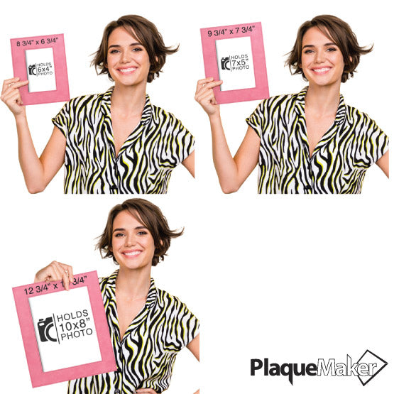 Size Guide With Happy Woman Holding Three Different Sizes Of Custom Pink Faux Leather Picture Frames Showing Measurements
