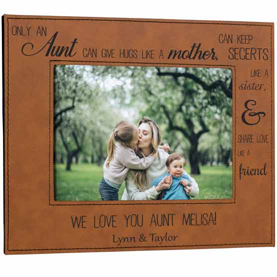 Custom Rawhide Faux Leather Picture Frame With Photo Of Aunt With Two Kids And Laser Engraved With Sweet Aunt Message