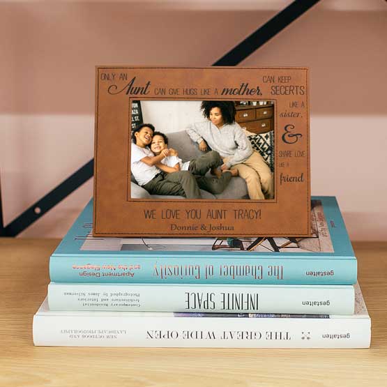 Custom Rawhide Faux Leather Picture Frame With Photo Of Aunt With Two Kids And Sweet Aunt Message On Stack Of Books