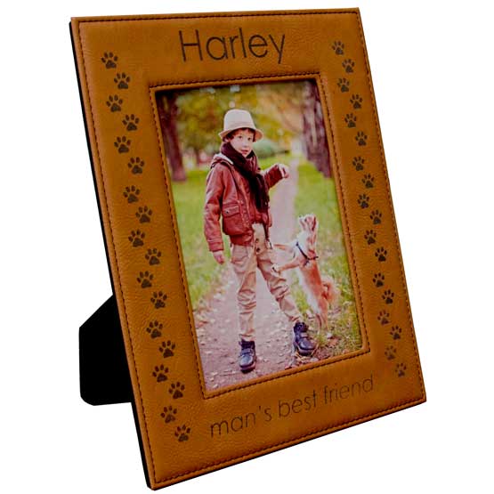 Rawhide Faux Leather Picture Frame With Photo Of Boy And Dog And Engraved With Paw Prints And Harley And Man’s Best Friend