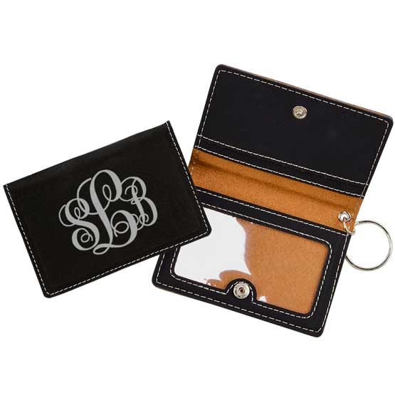 Open And Closed Samples Of Custom Black And Silver Faux Leather Keychain Wallet ID Holder Laser Engraved With Name