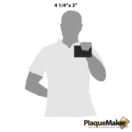 Size Guide With Blank Figure Holding Custom Black And Silver Faux Leather Keychain Wallet ID Holder Against White Background