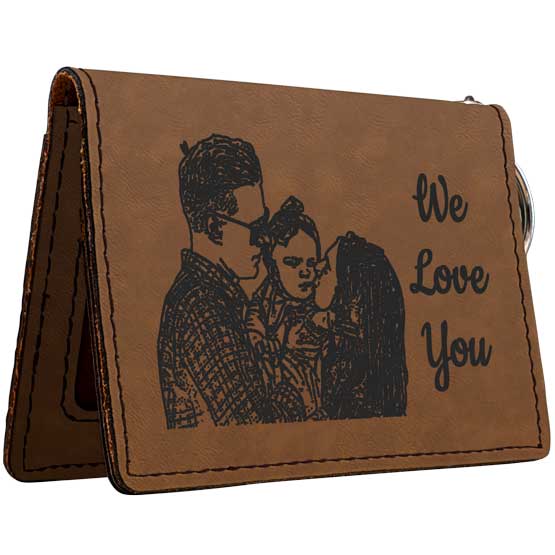 Dark Brown Faux Leather Keychain Wallet ID Holder Laser Engraved With We Love You And Sketch Image Of Parents With Child