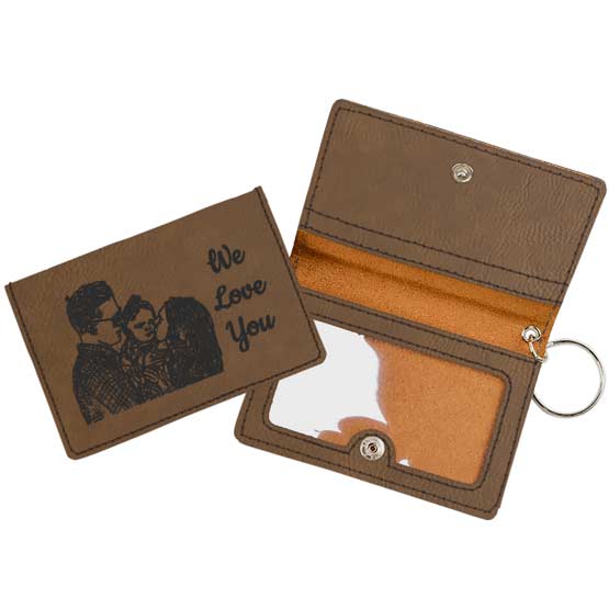 Open And Closed Samples Of Custom Dark Brown Faux Leather Keychain Wallet ID Holder Engraved With Sketch Art Of Family