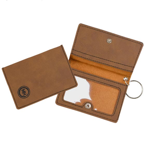 Open And Closed Samples Of Rawhide Faux Leather Keychain Wallet ID Holder Laser Engraved With Initials