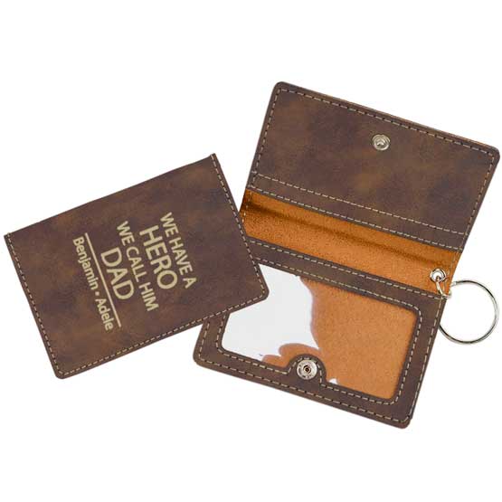 Open And Closed Samples Of Rustic Faux Leather Keychain Wallet ID Holder Engraved With Names And Dad Hero Message