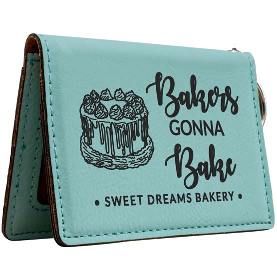 Custom Teal Faux Leather Keychain Wallet ID Holder Engraved With Cake Logo And Bakers Gonna Bake Sweet Dreams Bakery Text