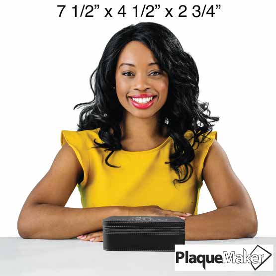 Size Guide With Happy Woman Sitting Behind Black And Silver Faux Leather Jewelry Box Engraved To Show Customizable Areas
