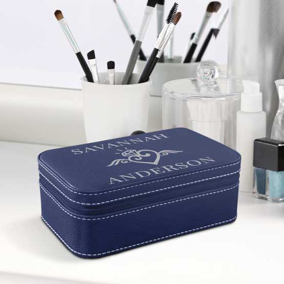 Custom Blue And Silver Faux Leather Jewelry Box Engraved With Name And Wedding Ring Art On White Dresser With Makeup Tools