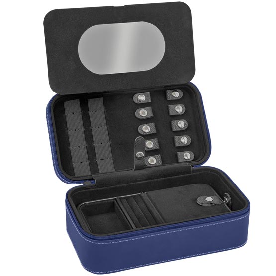 Custom Blue And Silver Faux Leather Jewelry Box Opened Up To Show Interior Compartments And Mirror Against White Background
