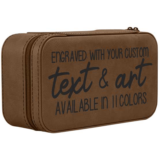 Custom Dark Brown Faux Leather Jewelry Box Laser Engraved To Show Customizable Areas Against A White Background