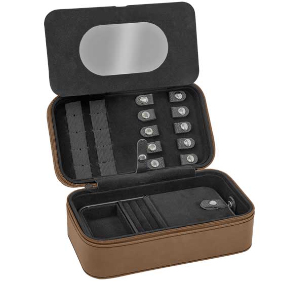 Custom Dark Brown Faux Leather Jewelry Box Opened Up To Show Interior Compartments And Mirror Against White Background