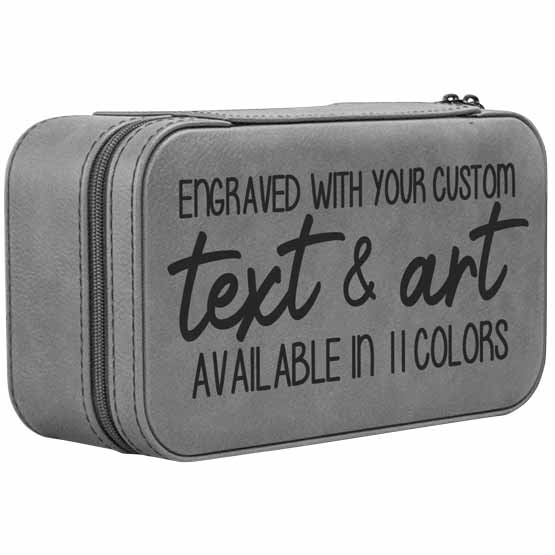 Custom Gray Faux Leather Jewelry Box Laser Engraved To Show Customizable Areas Against A White Background