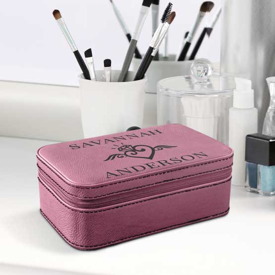 Custom Pink Faux Leather Jewelry Box Engraved With Name And Wedding Ring Art On White Dresser With Makeup Tools