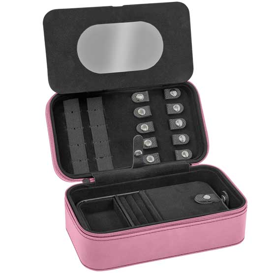 Custom Pink Faux Leather Jewelry Box Opened Up To Show Interior Compartments And Mirror Against White Background