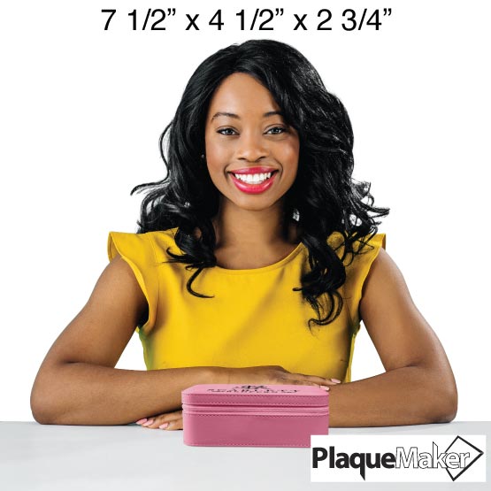 Size Guide With Happy Woman Sitting Behind Pink Faux Leather Jewelry Box Engraved To Show Customizable Areas