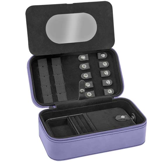 Custom Purple Faux Leather Jewelry Box Opened Up To Show Interior Compartments And Mirror Against White Background