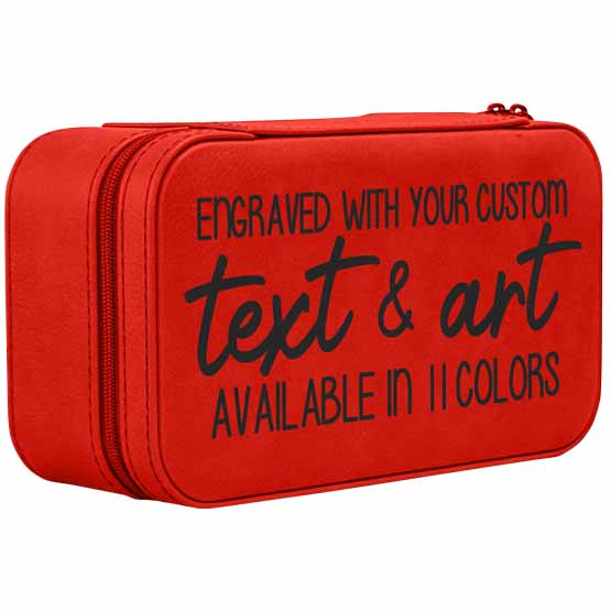 Custom Red Faux Leather Jewelry Box Laser Engraved To Show Customizable Areas Against A White Background