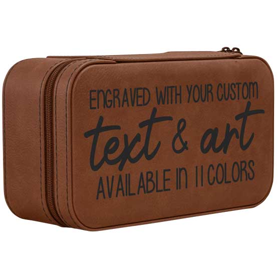 Custom Rawhide Faux Leather Jewelry Box Laser Engraved To Show Customizable Areas Against A White Background