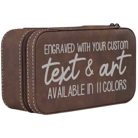 Custom Rustic And Silver Faux Leather Jewelry Box Laser Engraved To Show Customizable Areas Against A White Background