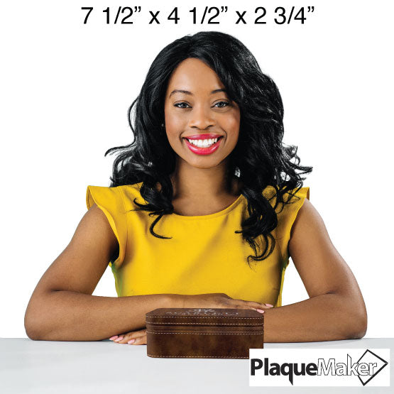 Size Guide With Happy Woman Sitting Behind Rustic And Silver Faux Leather Jewelry Box Engraved To Show Customizable Areas