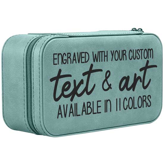 Custom Teal Faux Leather Jewelry Box Laser Engraved To Show Customizable Areas Against A White Background