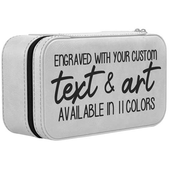 Custom White Faux Leather Jewelry Box Laser Engraved To Show Customizable Areas Against A White Background