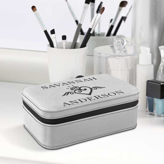 Custom White Faux Leather Jewelry Box Engraved With Name And Wedding Ring Art On White Dresser With Makeup Tools