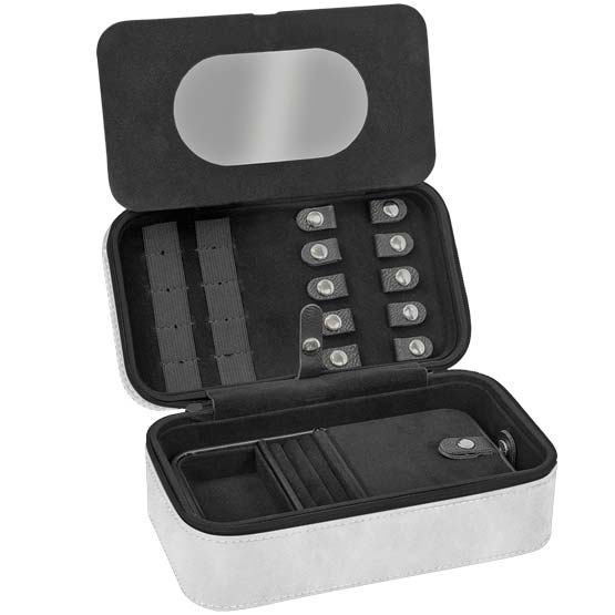 Custom White Faux Leather Jewelry Box Opened Up To Show Interior Compartments And Mirror Against White Background