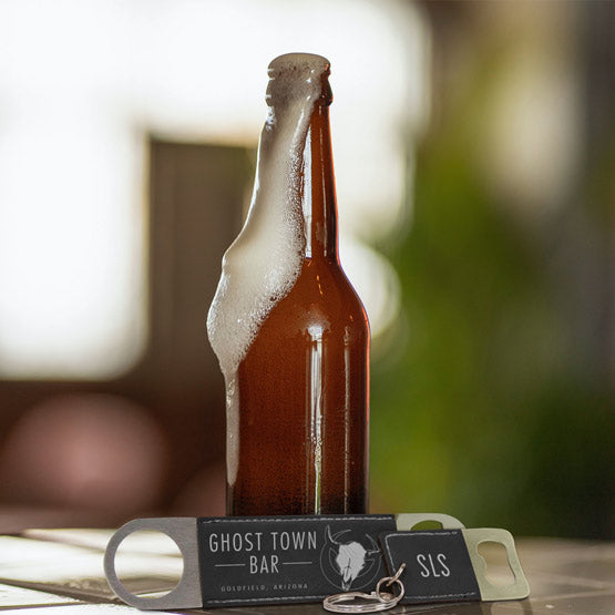 Set Of Custom Black Faux Leather Bottle Opener Engraved With Ghost Town Bar And A Small Keychain Bottle Opener Near Beer
