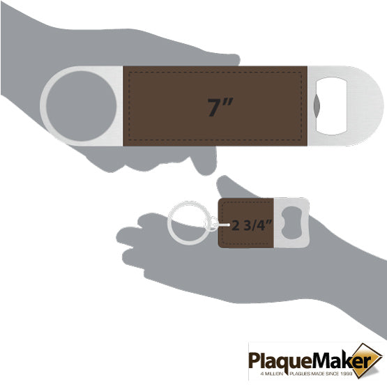 Size Guide With Blank Figure Hands Holding Out Custom Dark Brown Faux Leather Bottle Opener And Small Keychain Bottle Opener