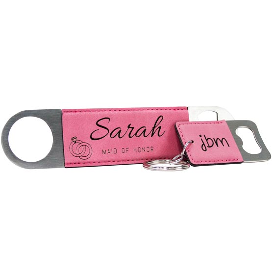 Set Of Custom Pink Faux Leather Bottle Opener Engraved With Maid Of Honor Details And Small Keychain Bottle Opener