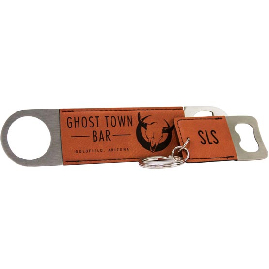 Set Of Custom Rawhide Faux Leather Bottle Opener Engraved With Ghost Town Bar Logo And A Small Keychain Bottle Opener 