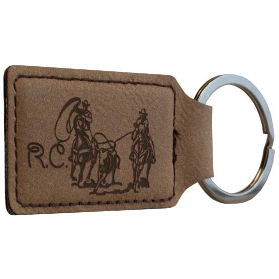 Dark Brown Faux Leather Rectangle Keychain Laser Engraved With Initials And Cowboys Lassoing Cow Artwork