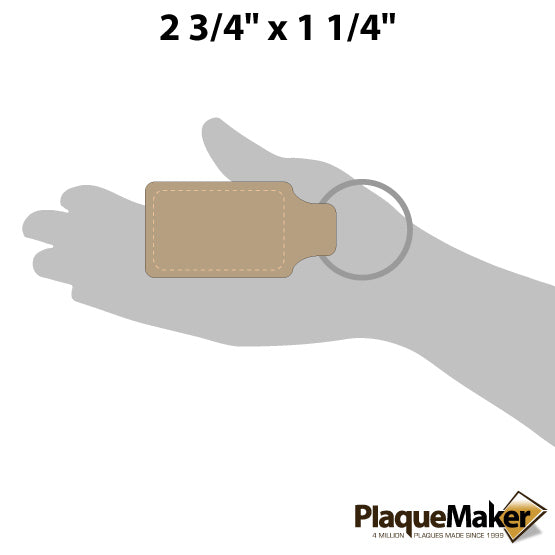 Size Guide With Blank Hand Holding Custom Light Brown Faux Leather Rectangle Keychain Against A White Background