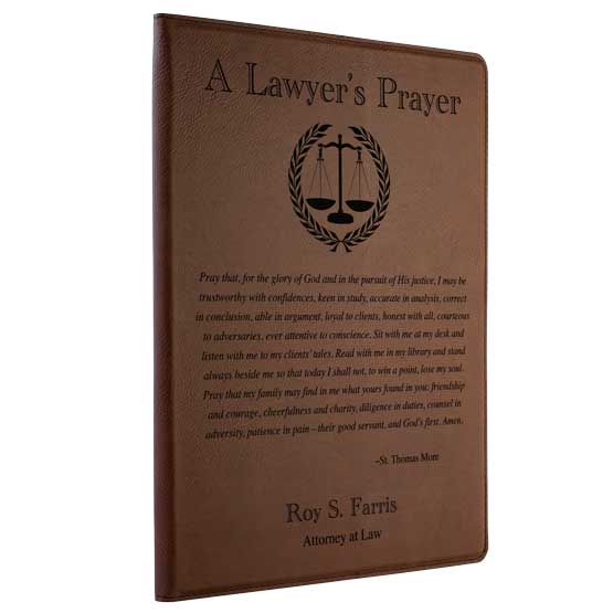 Custom Dark Brown Faux Leather Notebook Laser Engraved With Name And Justice Logo And The Complete Lawyer’s Prayer