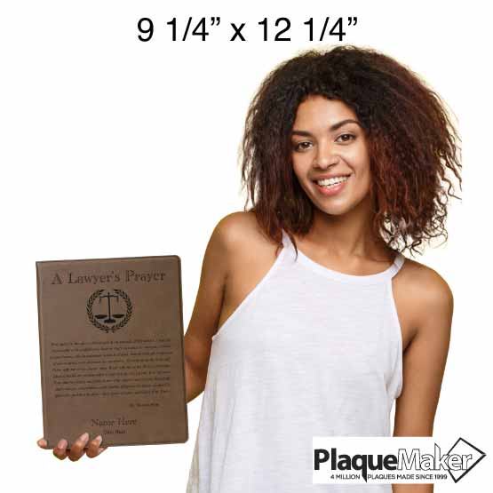 Size Guide With Happy Woman Holding Custom Dark Brown Faux Leather Notebook Engraved With Justice Logo And Lawyer’s Prayer