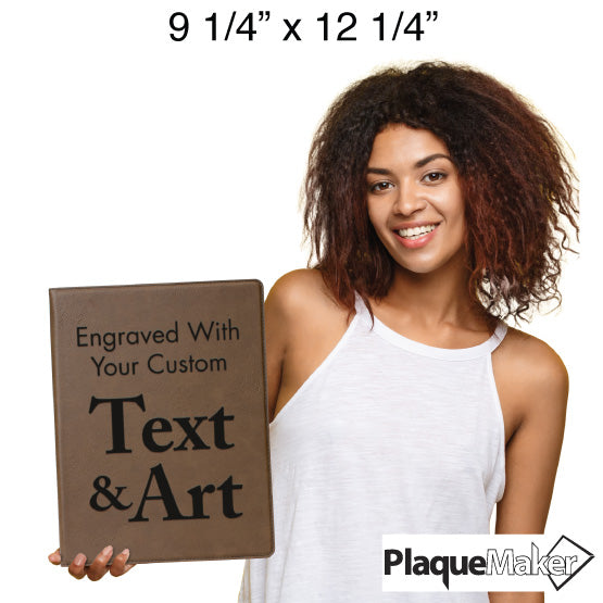 Size Guide With Happy Woman Holding Dark Brown Faux Leather Notebook Engraved To Show Customizable Areas For Text And Art