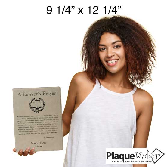 Size Guide With Happy Woman Holding Custom Light Brown Faux Leather Notebook Engraved With Justice Logo And Lawyer’s Prayer