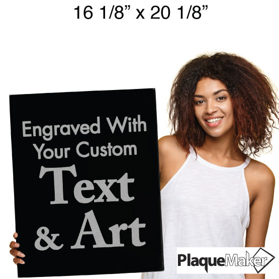 Size Guide With Happy Woman Holding Black Faux Leather Wrapped Rectangle Canvas Engraved To Show Customizable Areas
