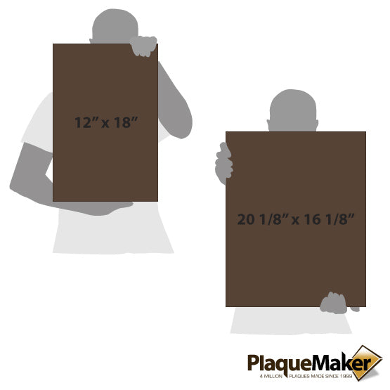 Size Guide With Blank Figures Holding Dark Brown Faux Leather Wrapped Rectangle Canvases Against White Background