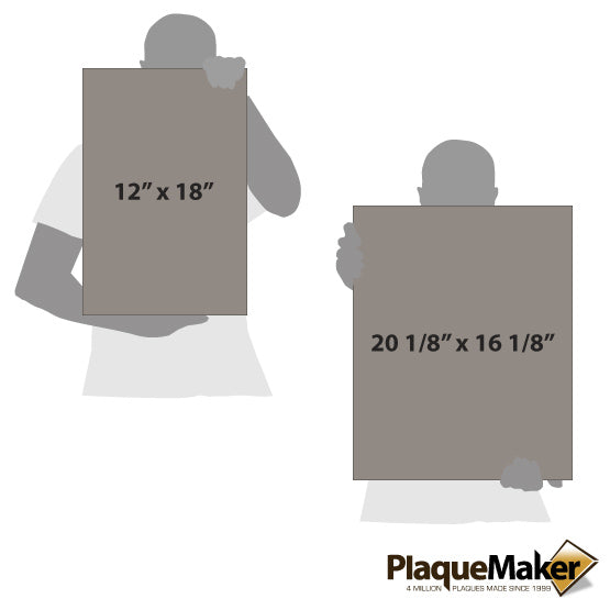 Size Guide With Blank Figures Holding Gray Faux Leather Wrapped Rectangle Canvases Against White Background